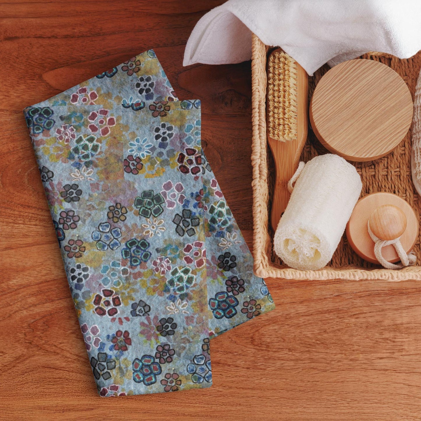 Blue Floral Hand Towel | Botanical Art Kitchen Towel | 16x28 Cotton Blend