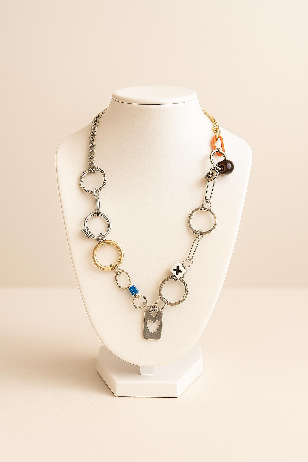 Mixed Metal Asymmetrical Necklace – Found Objects, Key, Heart Pendant Statement Jewelry