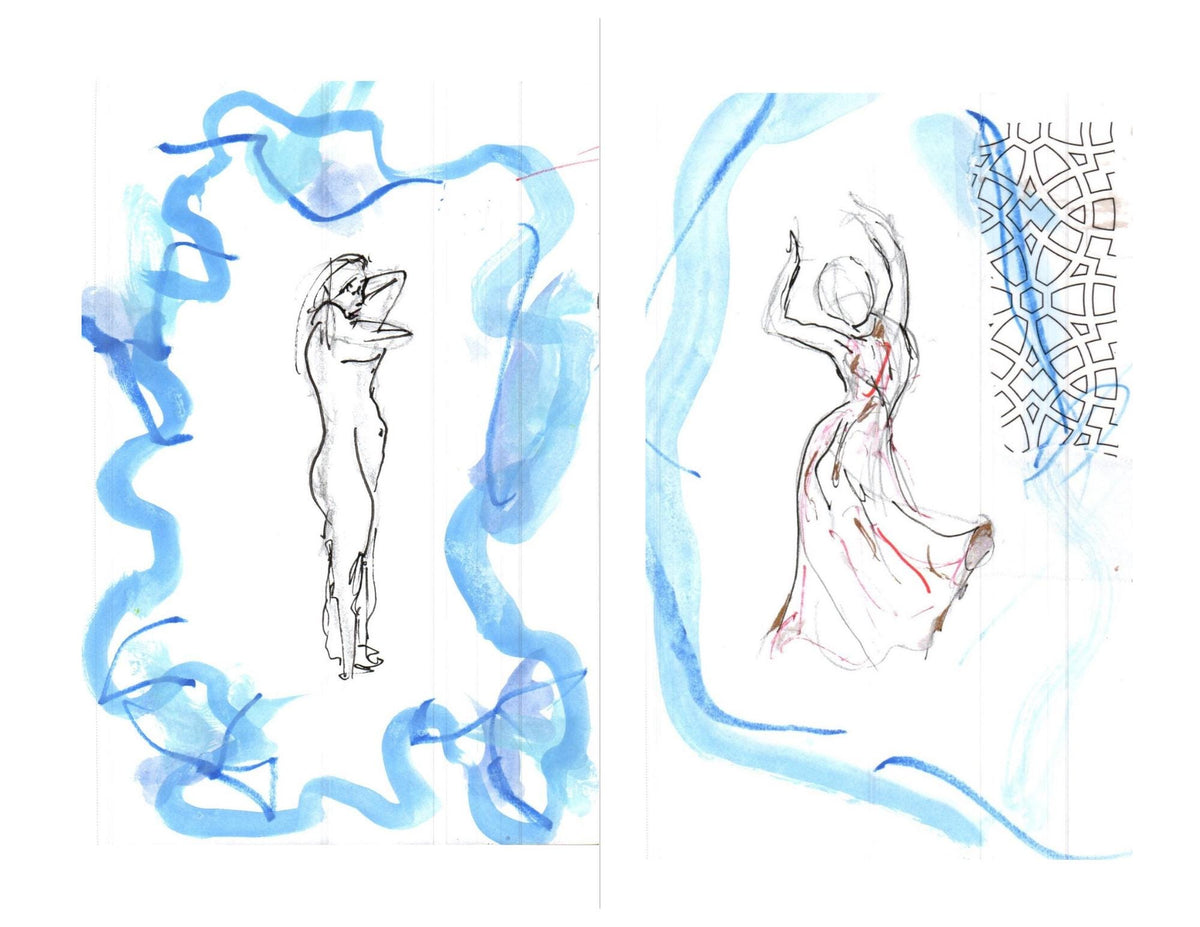 Abstract Figure Study Prints – Expressive Female Sketches, Blue Watercolor Accents (Set of 2)