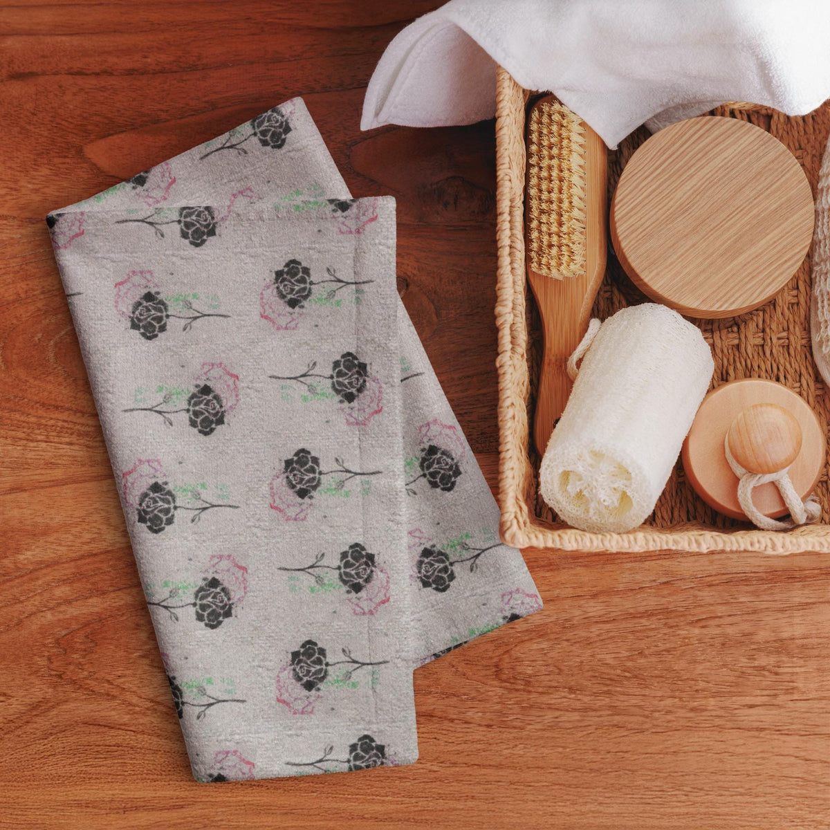 Black Floral Kitchen Towel – Minimalist Rose Art Print, Botanical Tea Towel