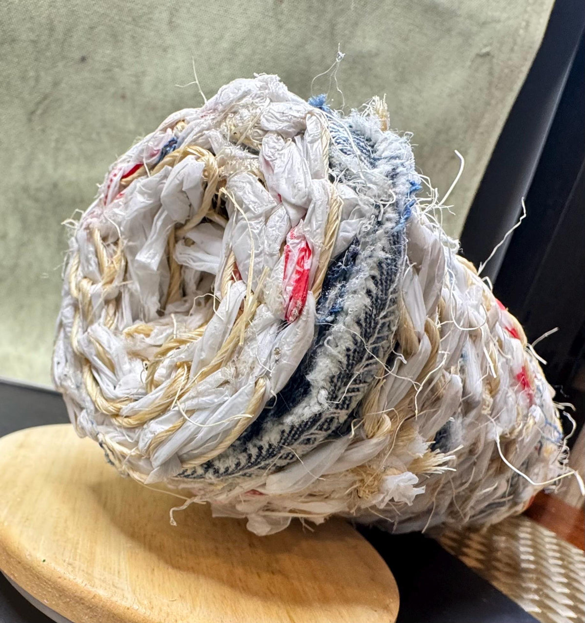 Upcycled Woven Textile Bottle Vase – Rustic Fiber Art Bud Vase – Mixed Media Decor