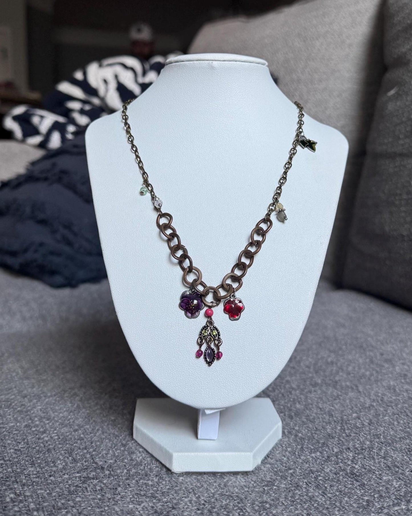 Asymmetrical Charm Necklace – Vintage-Inspired Floral, Beaded Pendant Chain