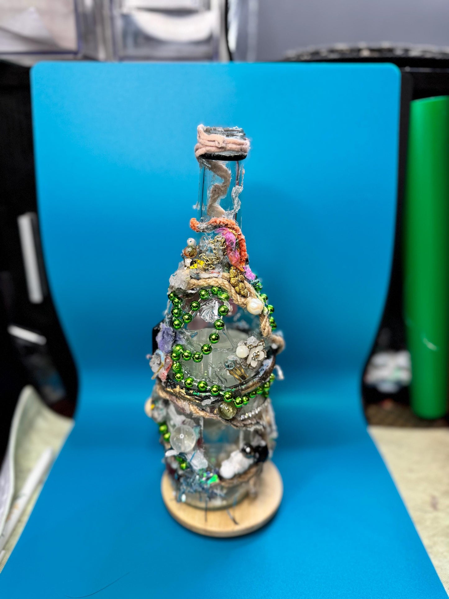 Upcycled Bottle Vase – Mixed Media Textile Assemblage Sculpture – Statement Home Decor