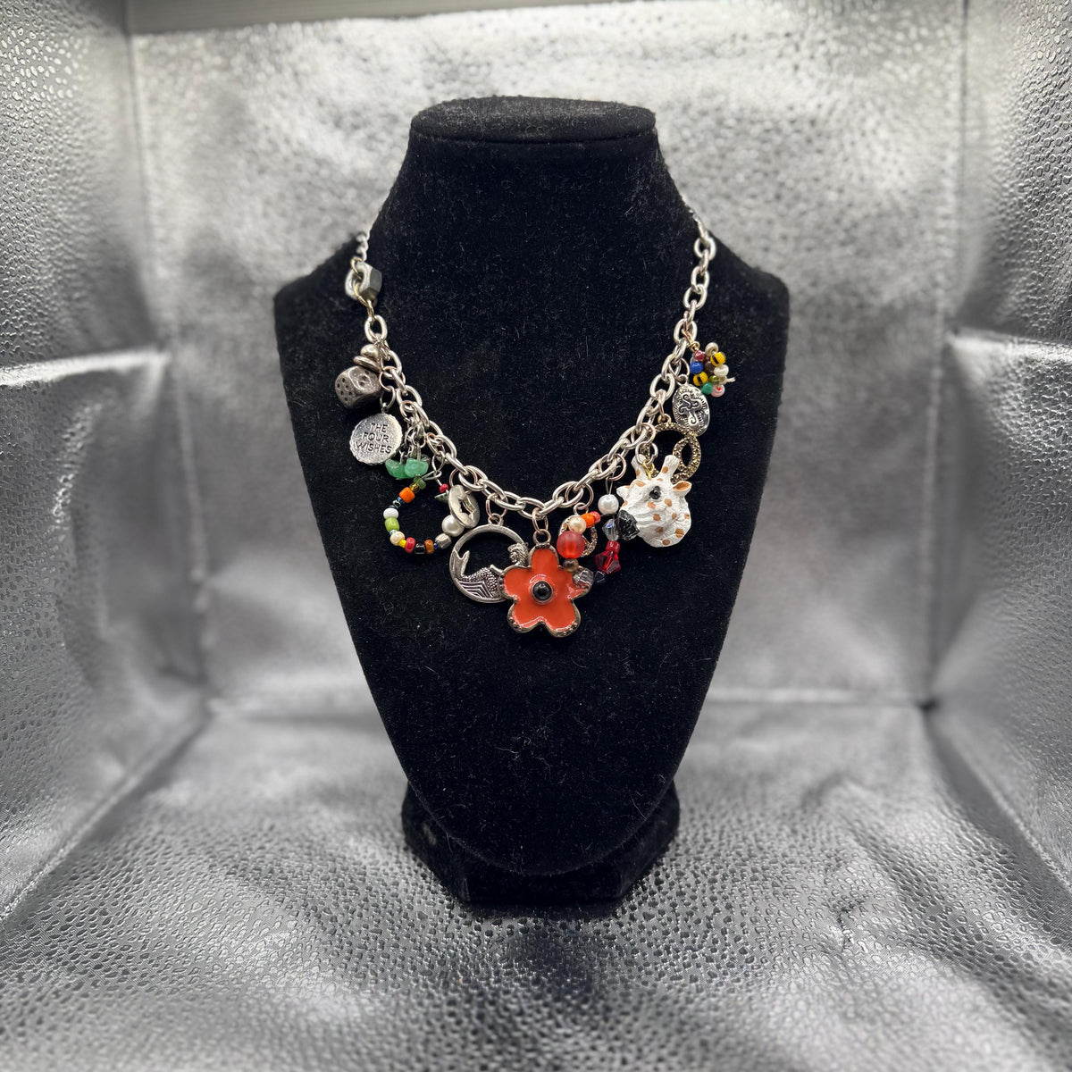 Handmade Charm Necklace – Mixed Metal Chain, Colorful Beads, Flower Pendant, Eclectic Statement Jewelry