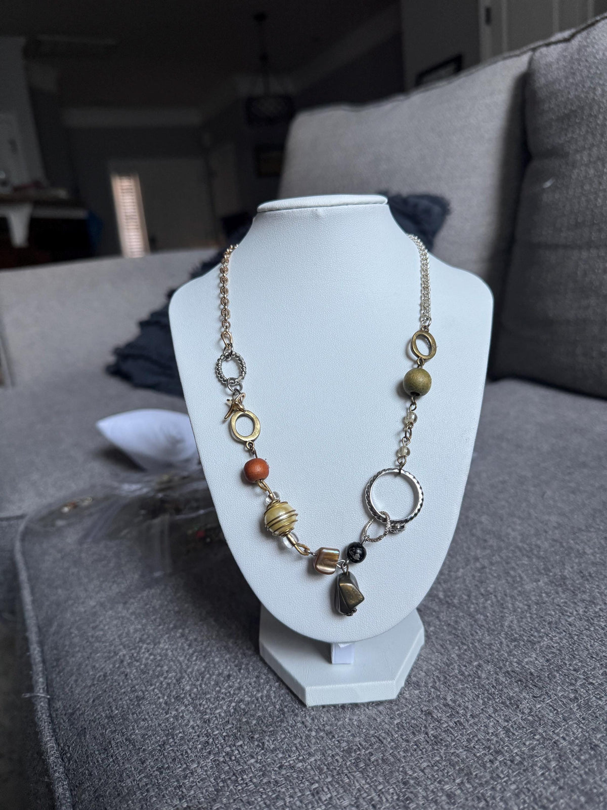 Asymmetrical Neutral Beaded Necklace – Mixed Metal & Earth Tone Statement Jewelry