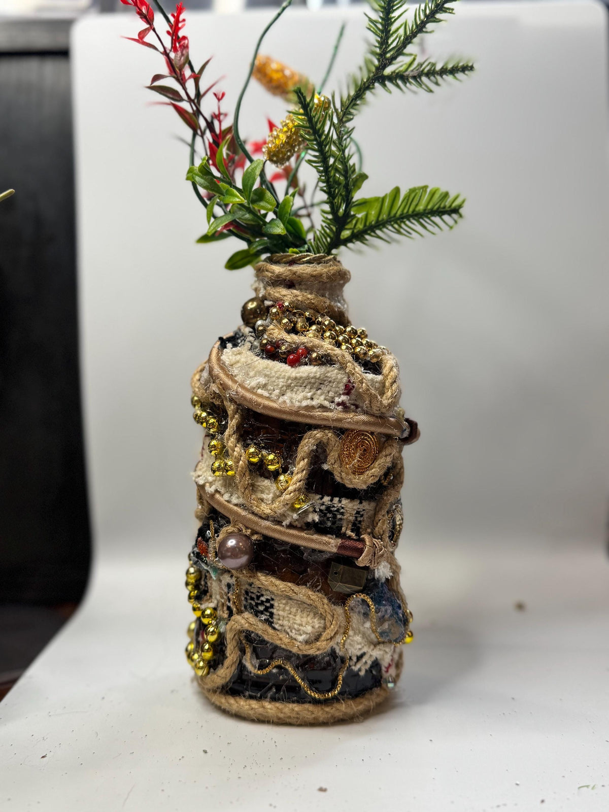 Upcycled Bottle Vase – Mixed Media Textile Assemblage Sculpture – Statement Home Decor