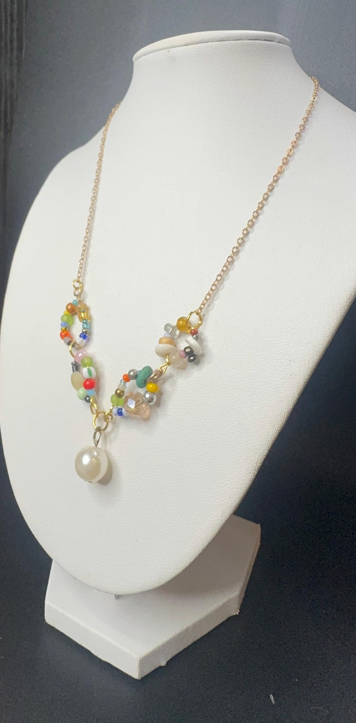 Asymmetrical Beaded Necklace with Pearl Drop – Mixed Glass Beads, Gold Chain, Wearable Collage Jewelry