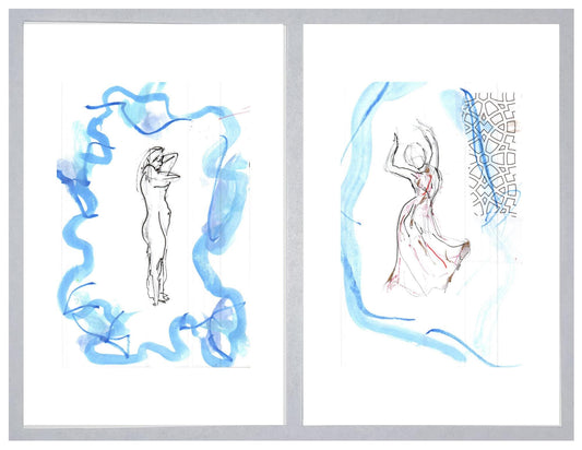 Abstract Figure Study Prints – Expressive Female Sketches, Blue Watercolor Accents (Set of 2)