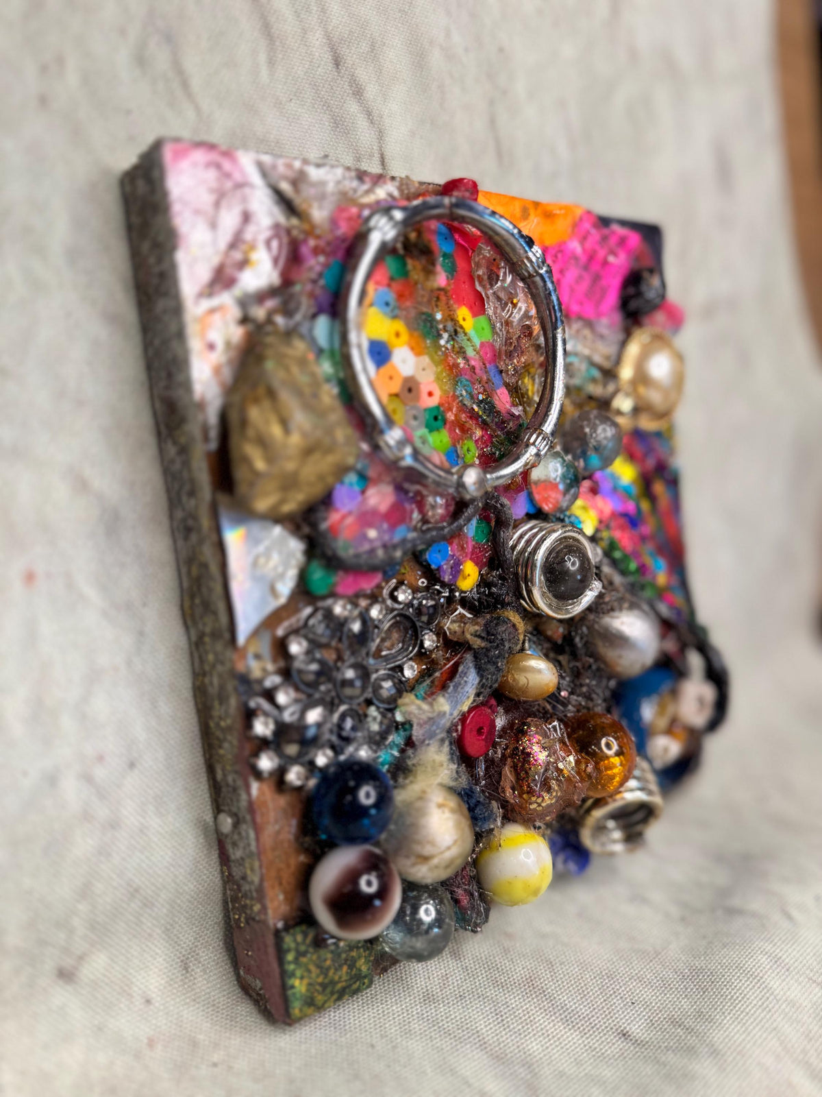 Glitter Ruins Assemblage – Found Object Mixed Media Sculpture on Wood Panel