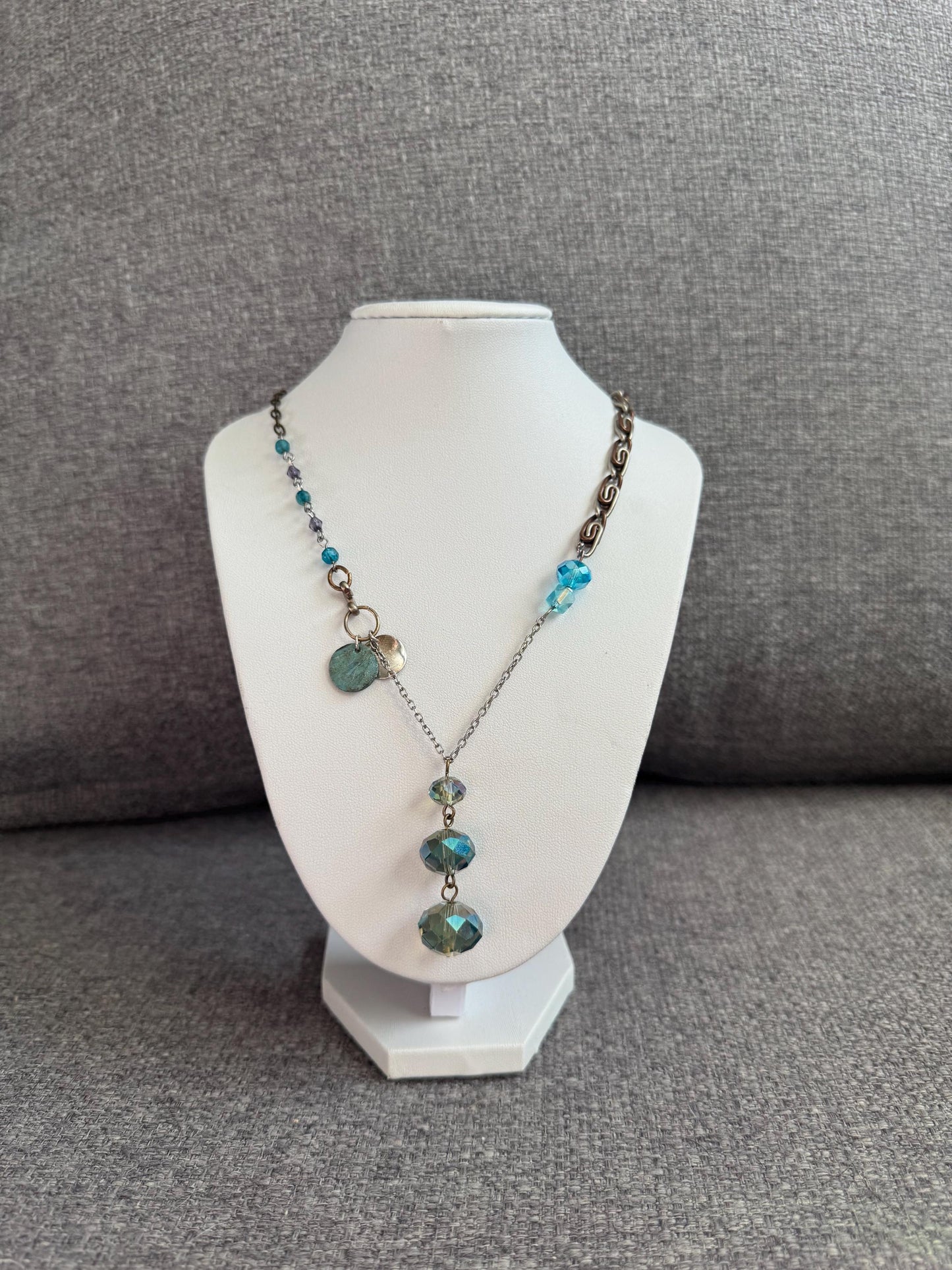 Teal Crystal Cascade Necklace – Asymmetrical Lariat Style Statement Necklace - Upcycled Jewelry