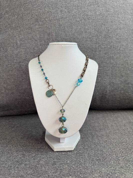 Teal Crystal Cascade Necklace – Asymmetrical Lariat Style Statement Necklace - Upcycled Jewelry