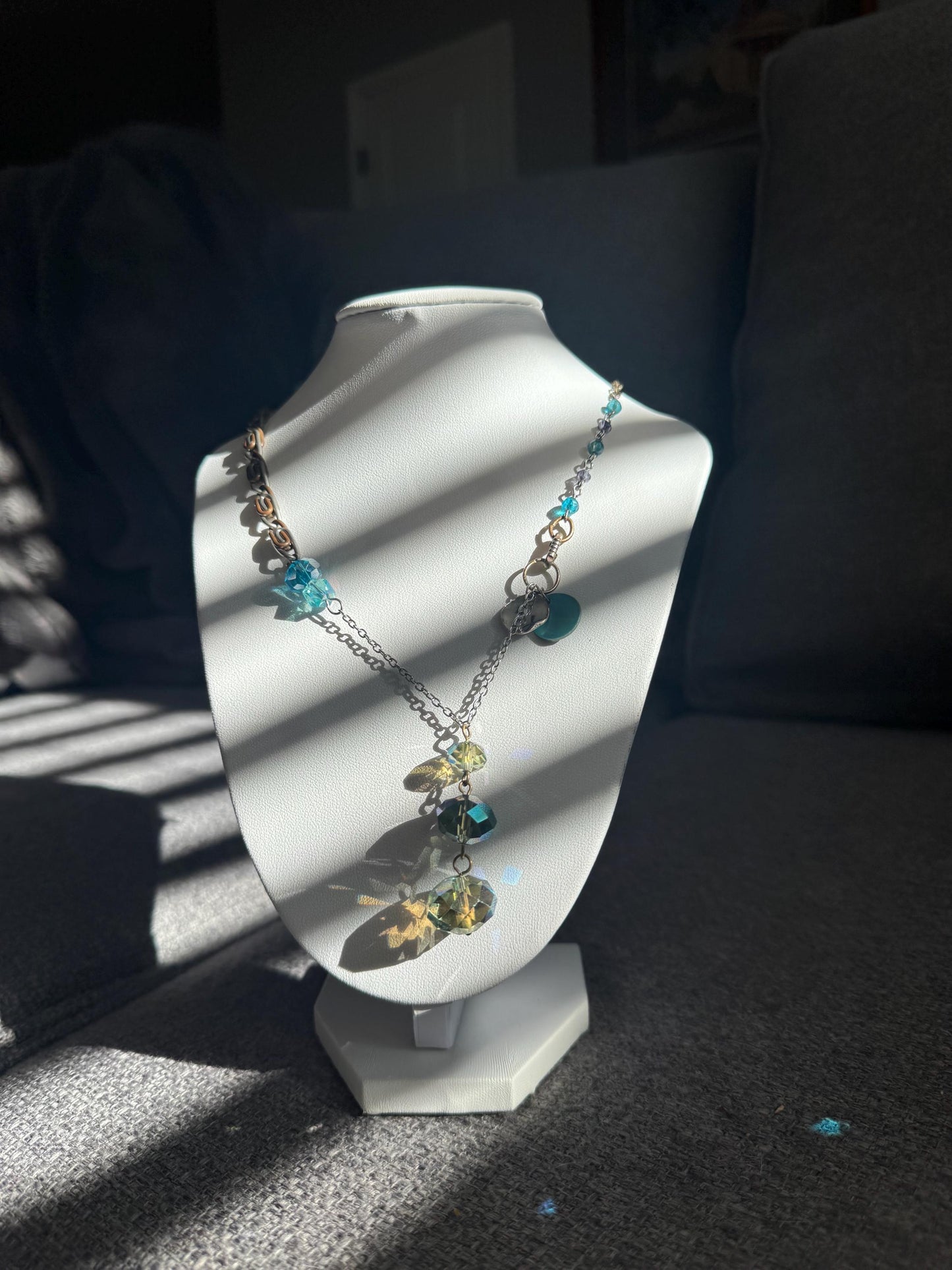 Teal Crystal Cascade Necklace – Asymmetrical Lariat Style Statement Necklace - Upcycled Jewelry