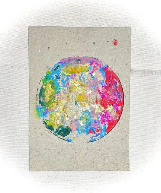 Red Moon Abstract Mixed Media Artwork – Circular Form, Handmade Paper (5.5 x 8 in)