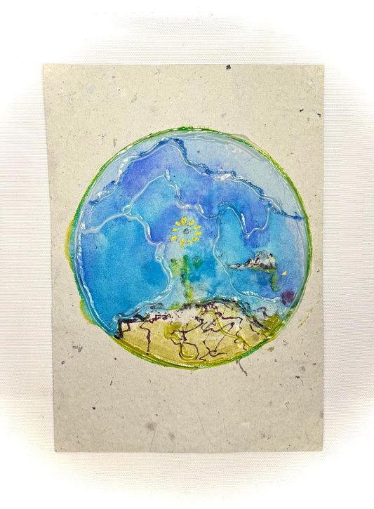 Original Mixed Media Artwork – Textured Circular Landscape on Handmade Paper (5.5 x 7.75 in)