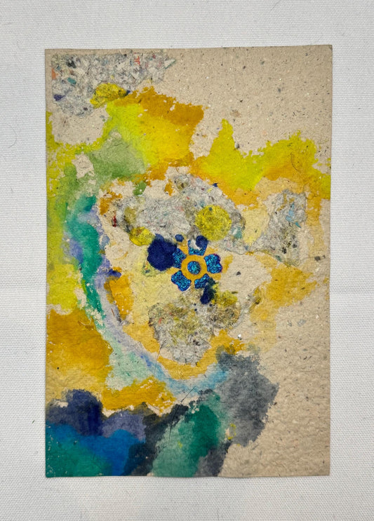 Original Mixed Media Floral Artwork on Handmade Paper (5.5 x 6 in), Abstract Composition