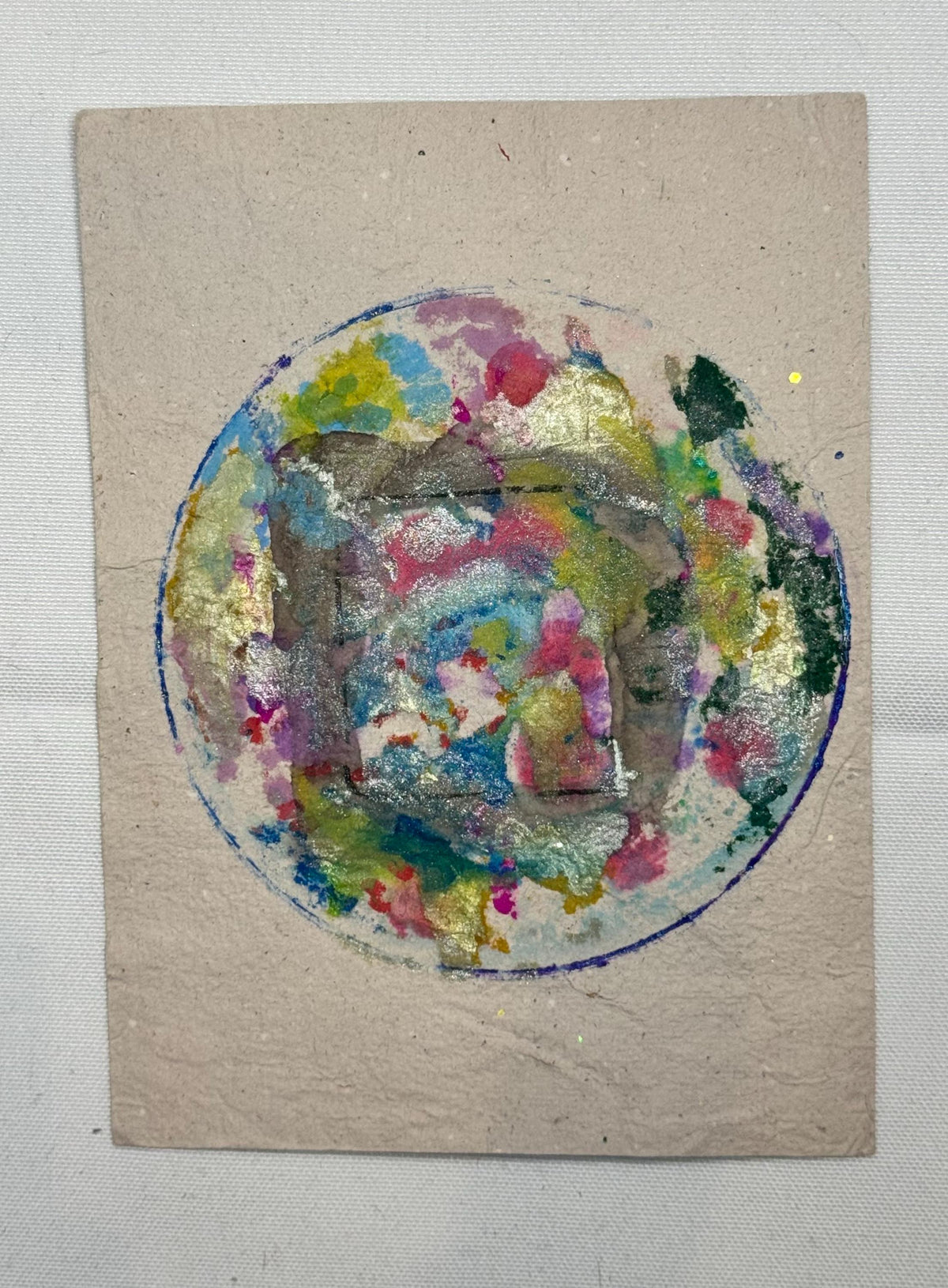 Original Mixed Media Artwork, Circular Abstract Composition, Handmade Paper (5.5 x 7.25 in)