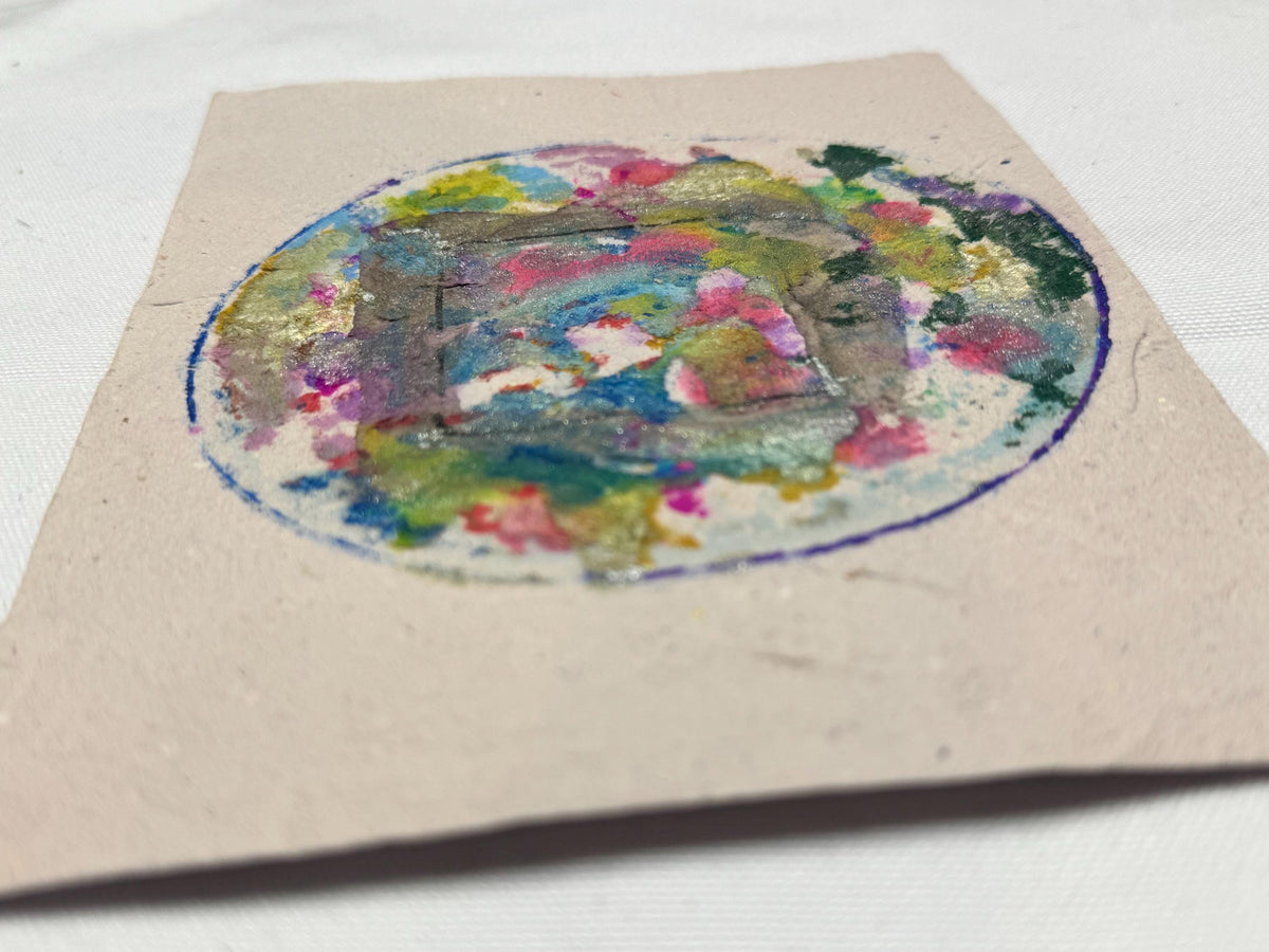 Original Mixed Media Artwork, Circular Abstract Composition, Handmade Paper (5.5 x 7.25 in)
