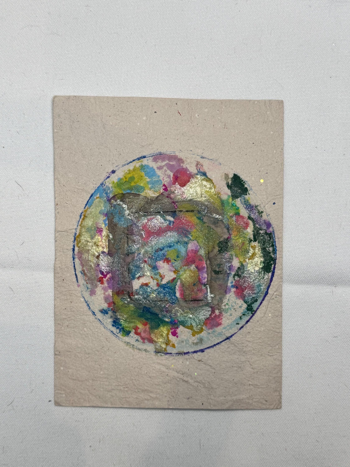 Original Mixed Media Artwork, Circular Abstract Composition, Handmade Paper (5.5 x 7.25 in)