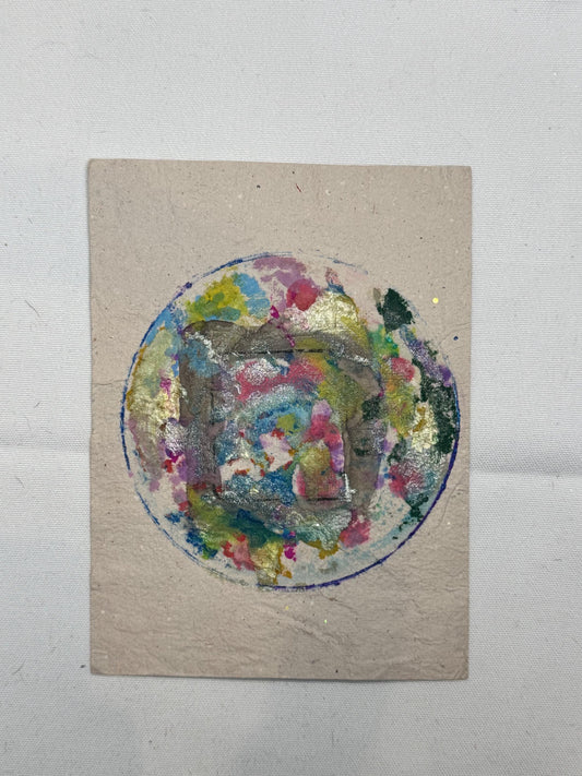 Original Mixed Media Artwork, Circular Abstract Composition, Handmade Paper (5.5 x 7.25 in)