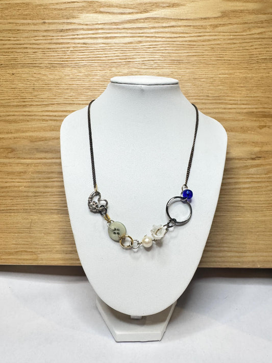 Asymmetrical Necklace – Mixed Metal Found Object Charm Design - Modern Abstract Statement Jewelry