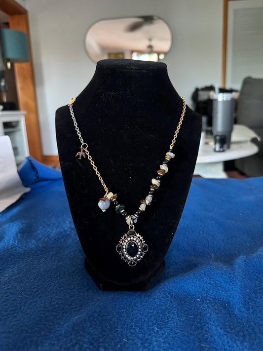 Vintage-Inspired Pendant Necklace – Black Ornate Charm with Natural Stone Beads – Asymmetrical Handmade Jewelry