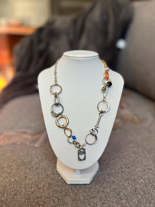 Mixed Metal Asymmetrical Necklace – Found Objects, Key, Heart Pendant Statement Jewelry