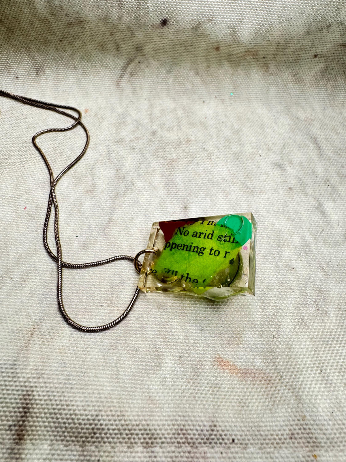 Resin Pendant Necklace – Green Glass & Found Object Collage – Handmade Statement Jewelry