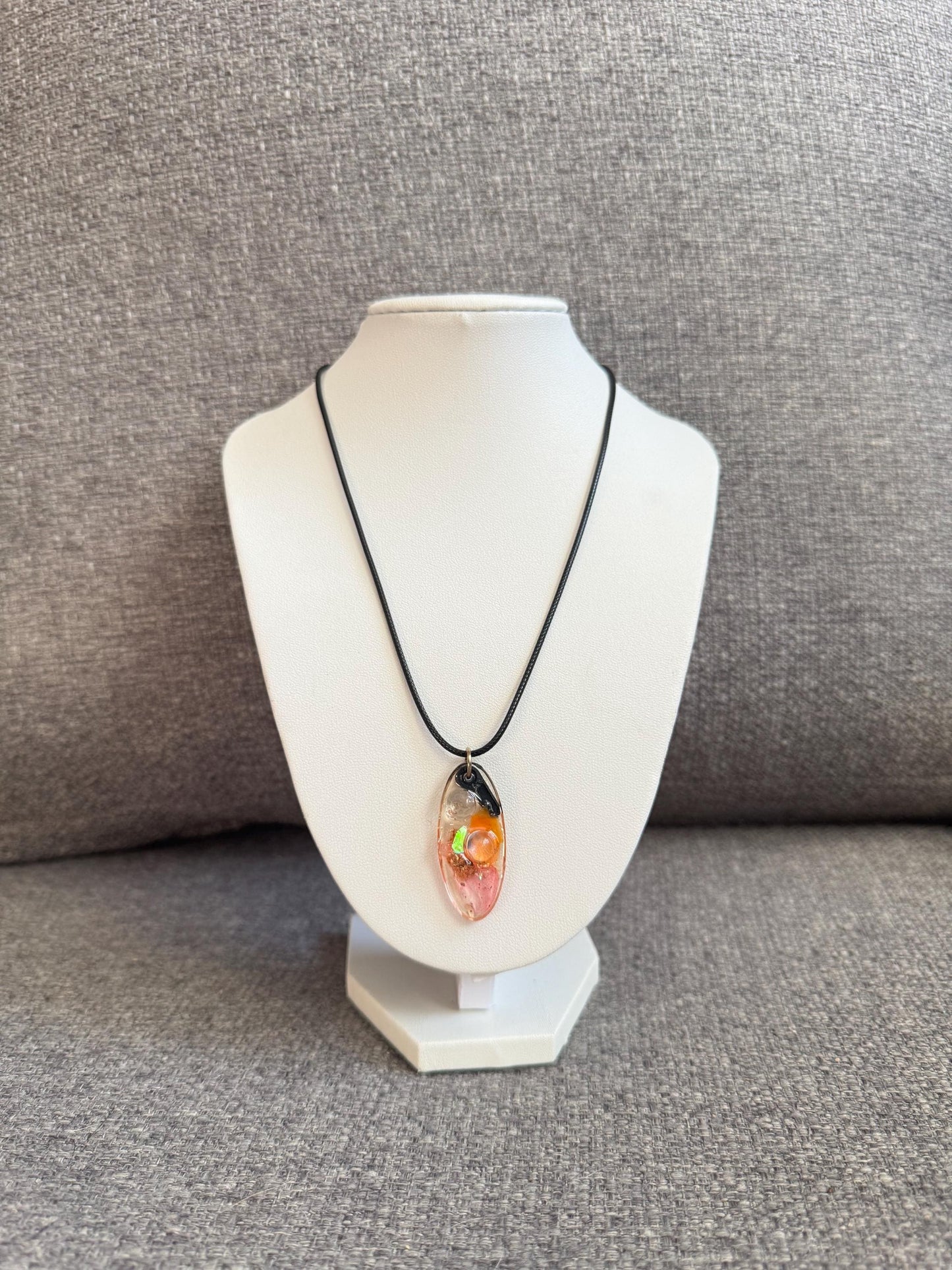 Handmade Resin Pendant Necklace – Mixed Media Oval Charm – Minimal Statement Jewelry – One of a Kind