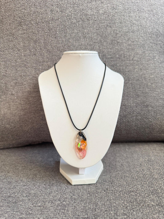 Handmade Resin Pendant Necklace – Mixed Media Oval Charm – Minimal Statement Jewelry – One of a Kind