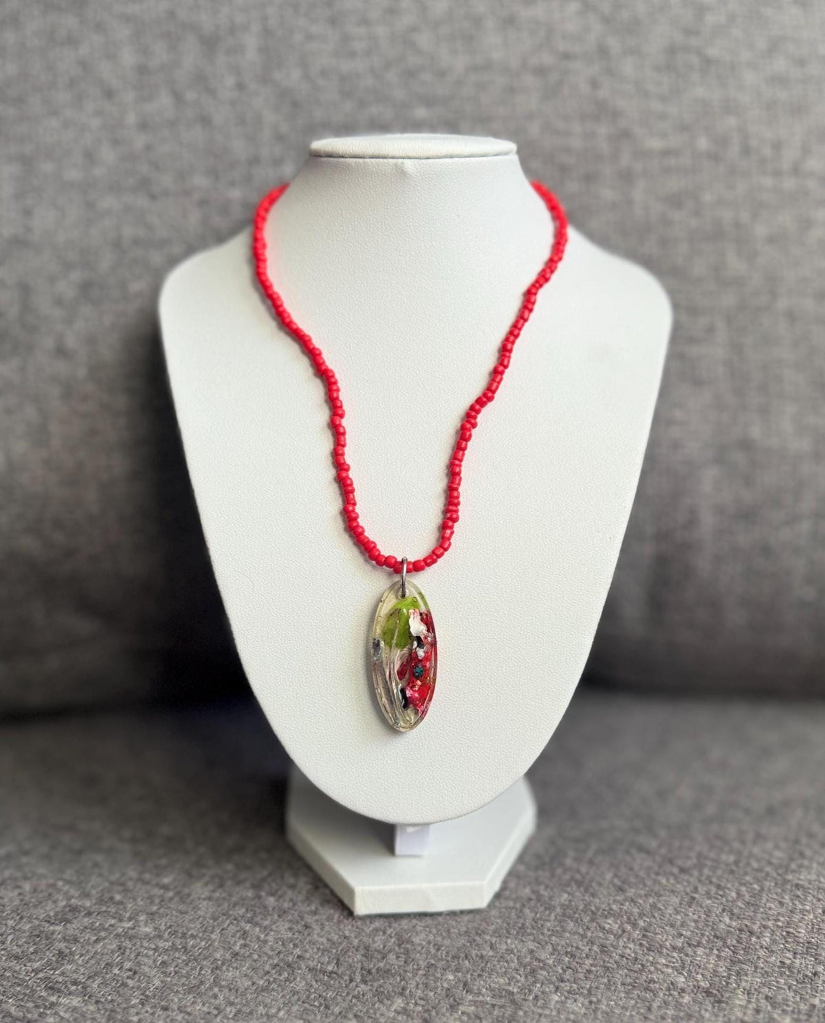 Handmade Resin Pendant Necklace – Red Beaded Strand – Botanical Mixed Media Jewelry