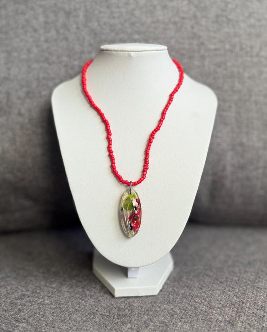 Handmade Resin Pendant Necklace – Red Beaded Strand – Botanical Mixed Media Jewelry