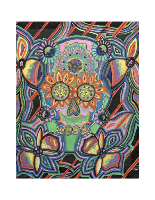 Colorful Sugar Skull Art Print | Psychedelic Floral Illustration (8.5x11 Cardstock)