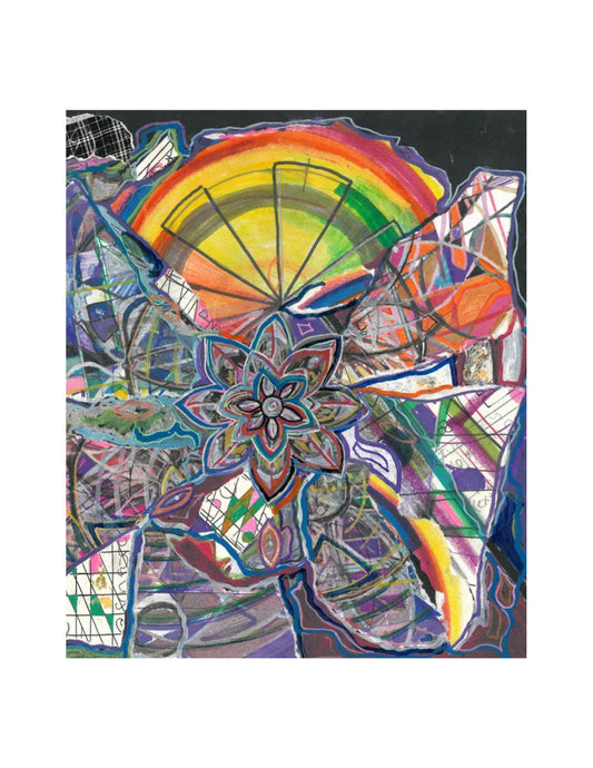 Abstract Rainbow Flower Art Print – Morning Breaking, Mixed Media Botanical Wall Art (8.5x11)