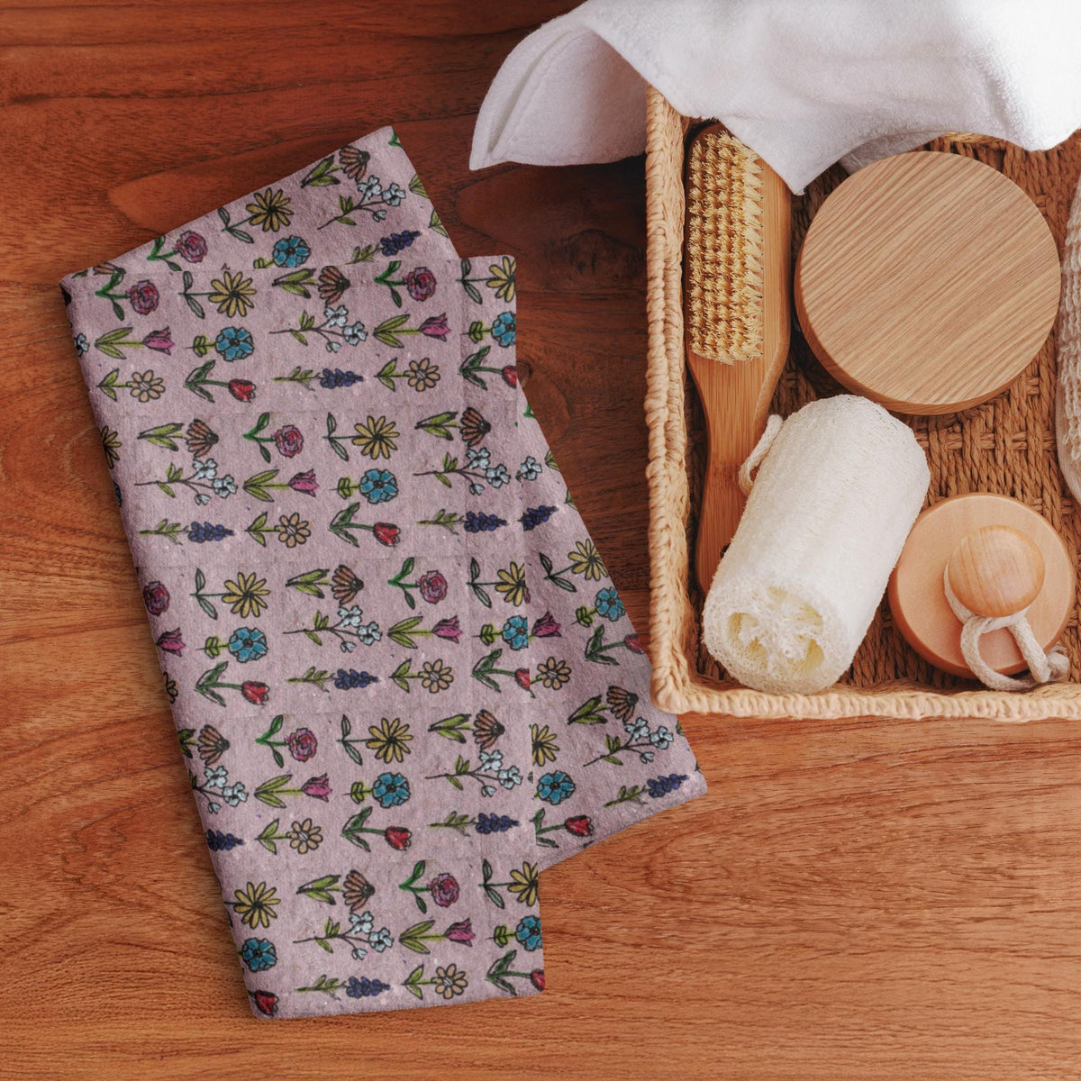 Wildflower Pattern Kitchen Towel – Colorful Botanical Print, Handmade Paper Texture, Floral Tea Towel