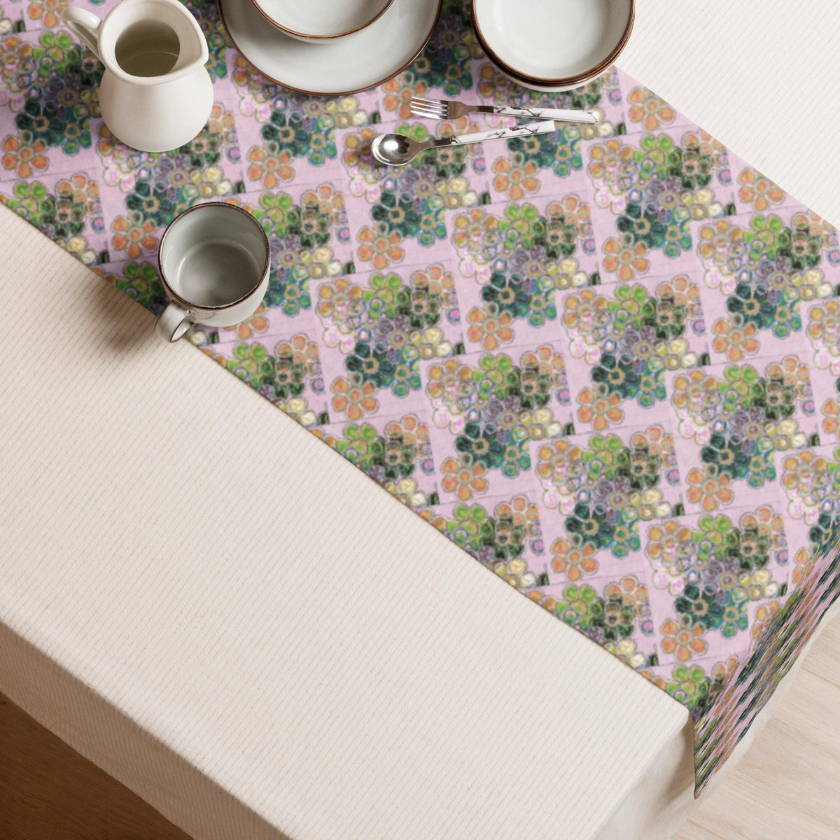 Floral Table Runner – Botanical Art Print, Handmade Paper Texture, Artistic Dining Decor