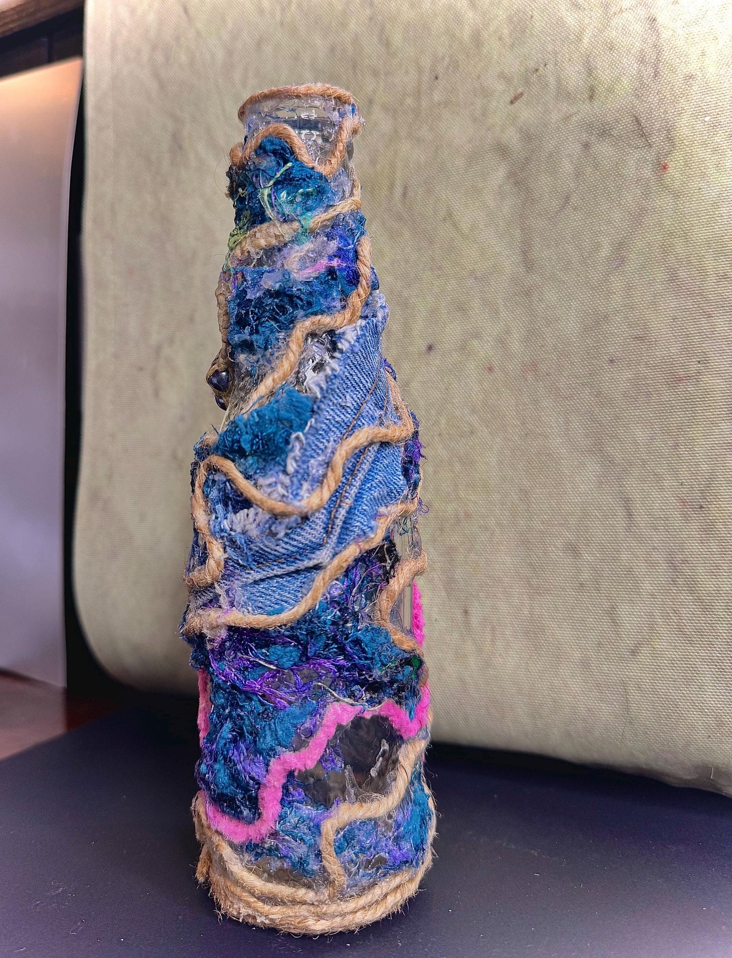 Upcycled Denim Textile Vase – Mixed Media Assemblage Bud Vase