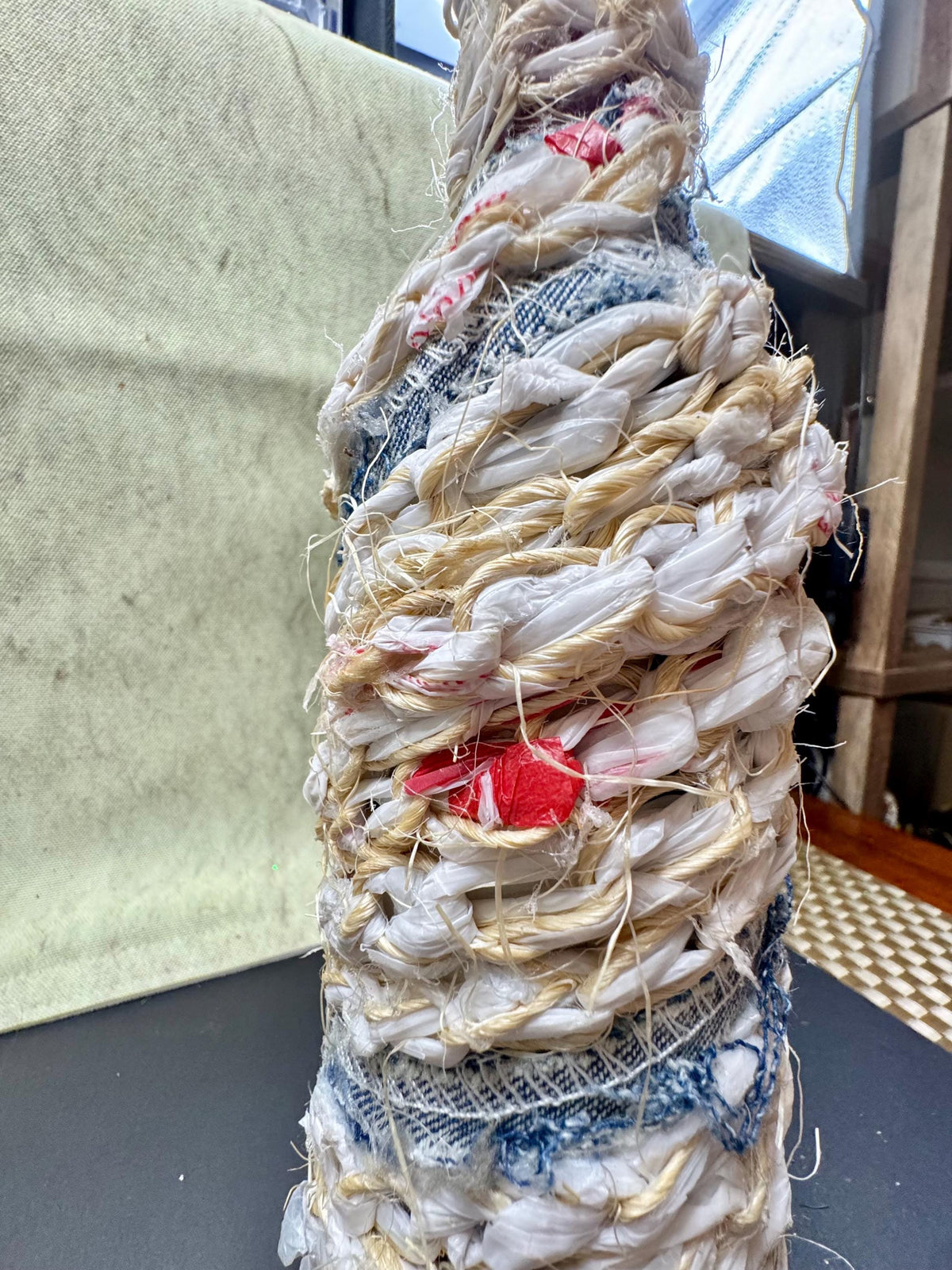 Upcycled Woven Textile Bottle Vase – Rustic Fiber Art Bud Vase – Mixed Media Decor