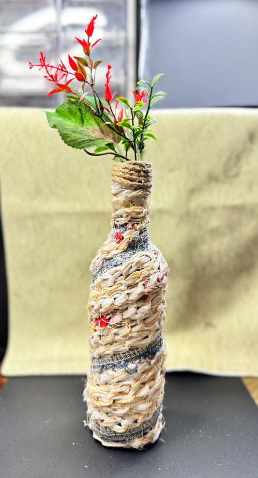 Upcycled Woven Textile Bottle Vase – Rustic Fiber Art Bud Vase – Mixed Media Decor