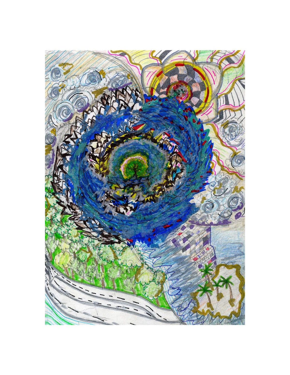 Water Cycle Abstract Landscape Print | Surreal Spiral Mixed Media Art (8.5x11 Cardstock)