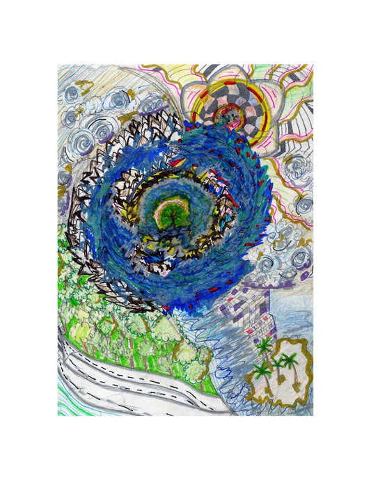 Water Cycle Abstract Landscape Print | Surreal Spiral Mixed Media Art (8.5x11 Cardstock)