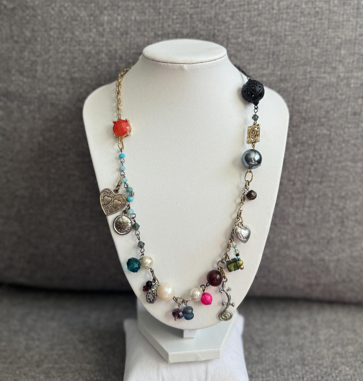 Eclectic Charm Necklace – Mixed Bead & Pendant Statement Piece – Asymmetrical Handmade Jewelry