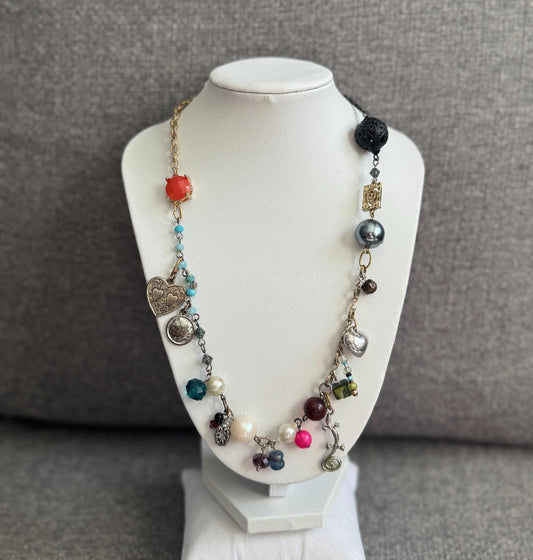 Eclectic Charm Necklace – Mixed Bead & Pendant Statement Piece – Asymmetrical Handmade Jewelry