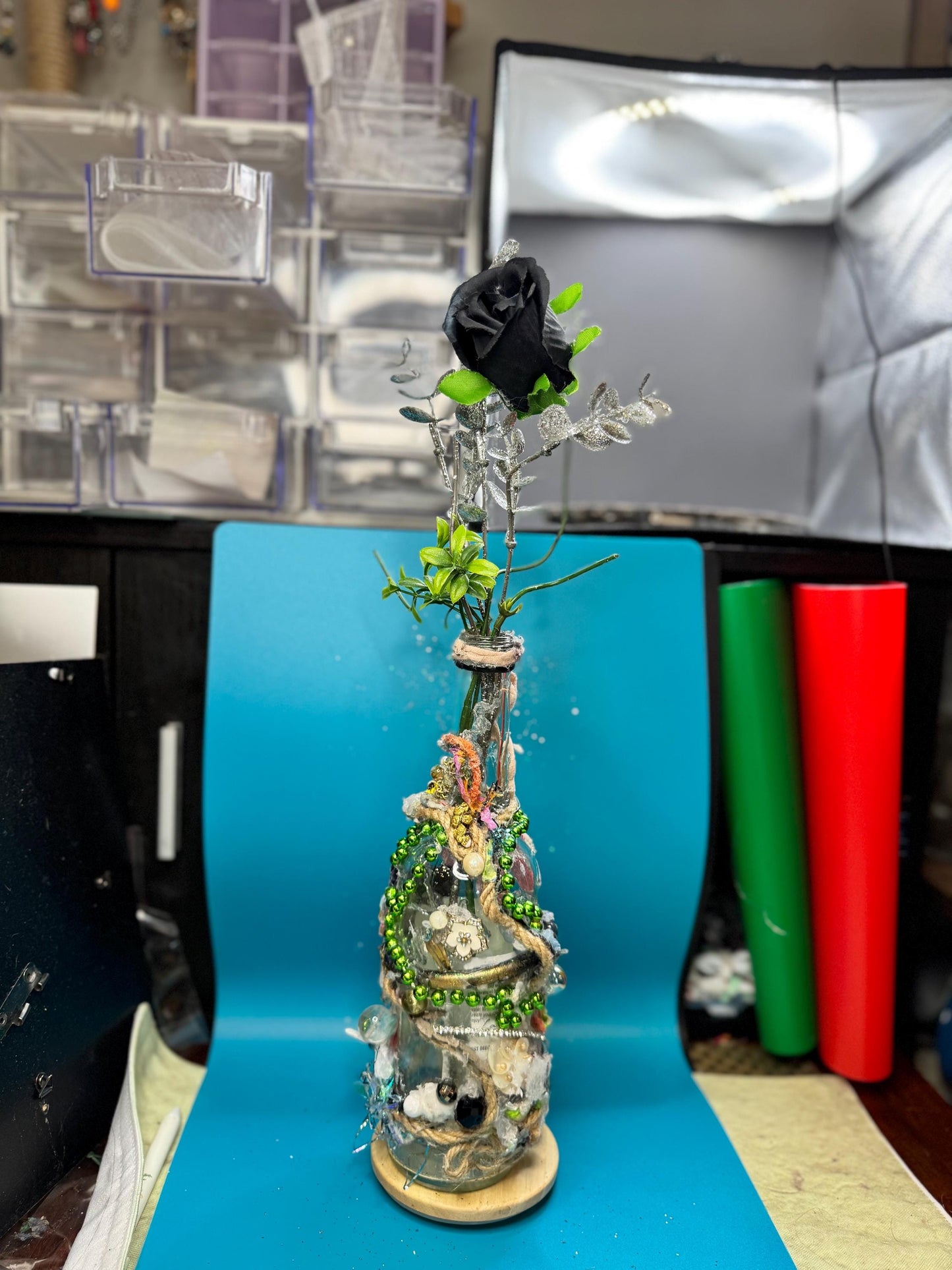 Upcycled Bottle Vase – Mixed Media Textile Assemblage Sculpture – Statement Home Decor