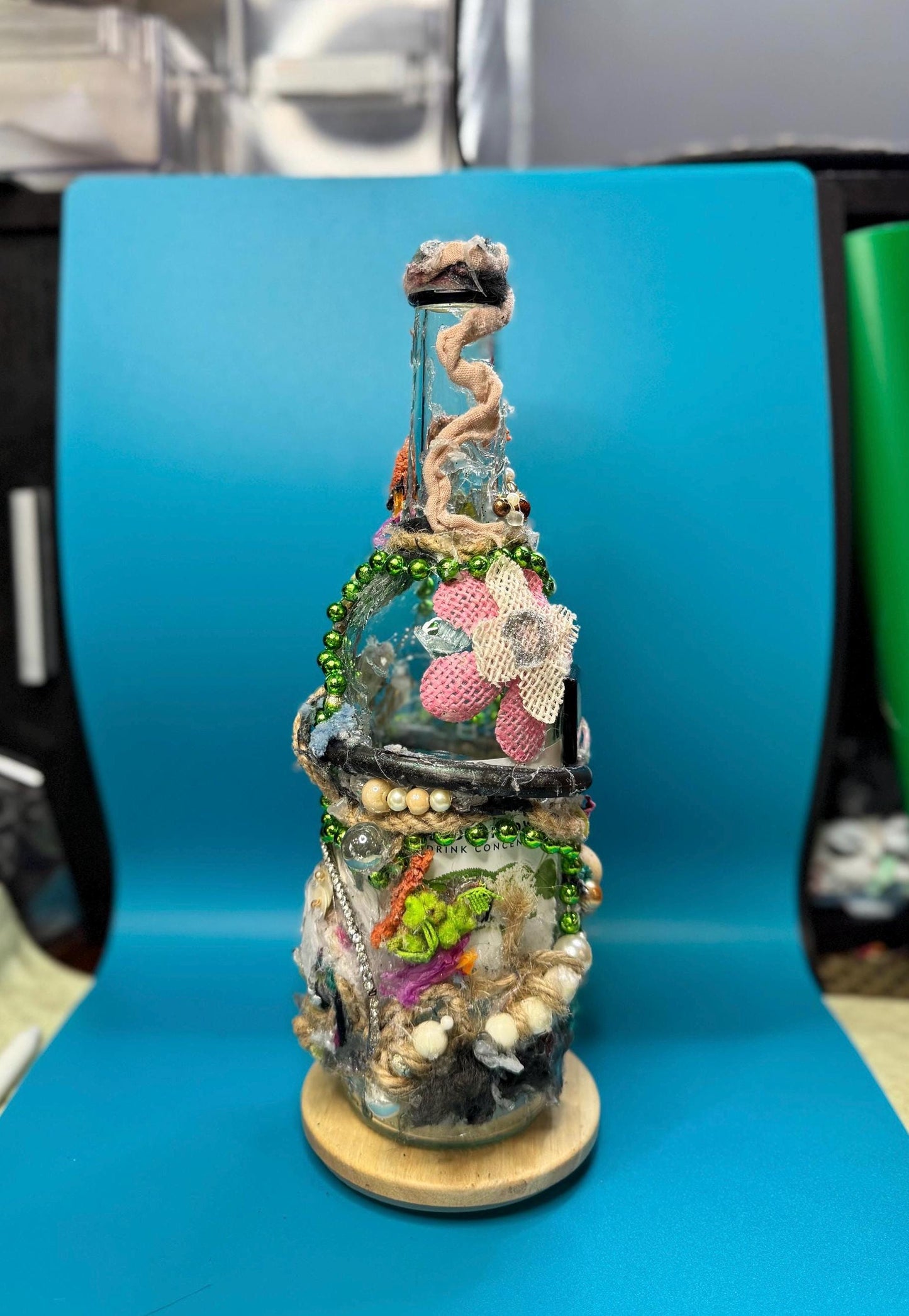 Upcycled Bottle Vase – Mixed Media Textile Assemblage Sculpture – Statement Home Decor