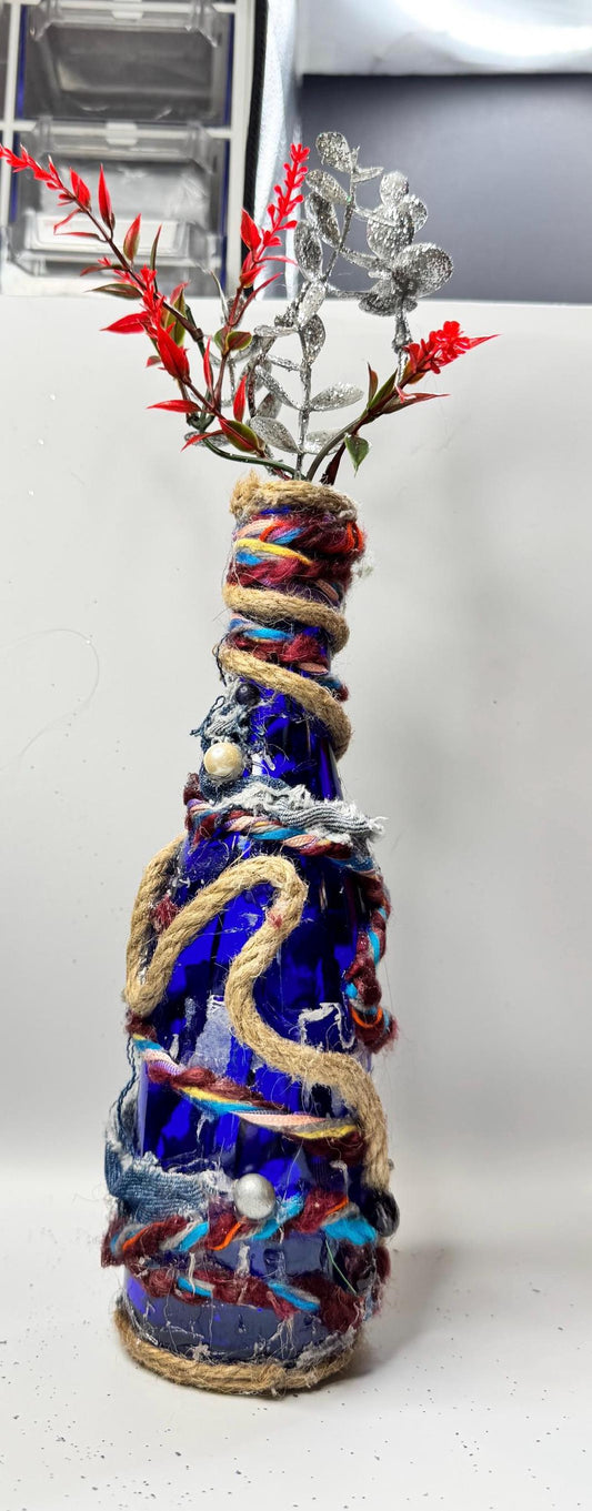Upcycled Bottle Vase – Mixed Media Textile Assemblage Sculpture – Statement Home Decor