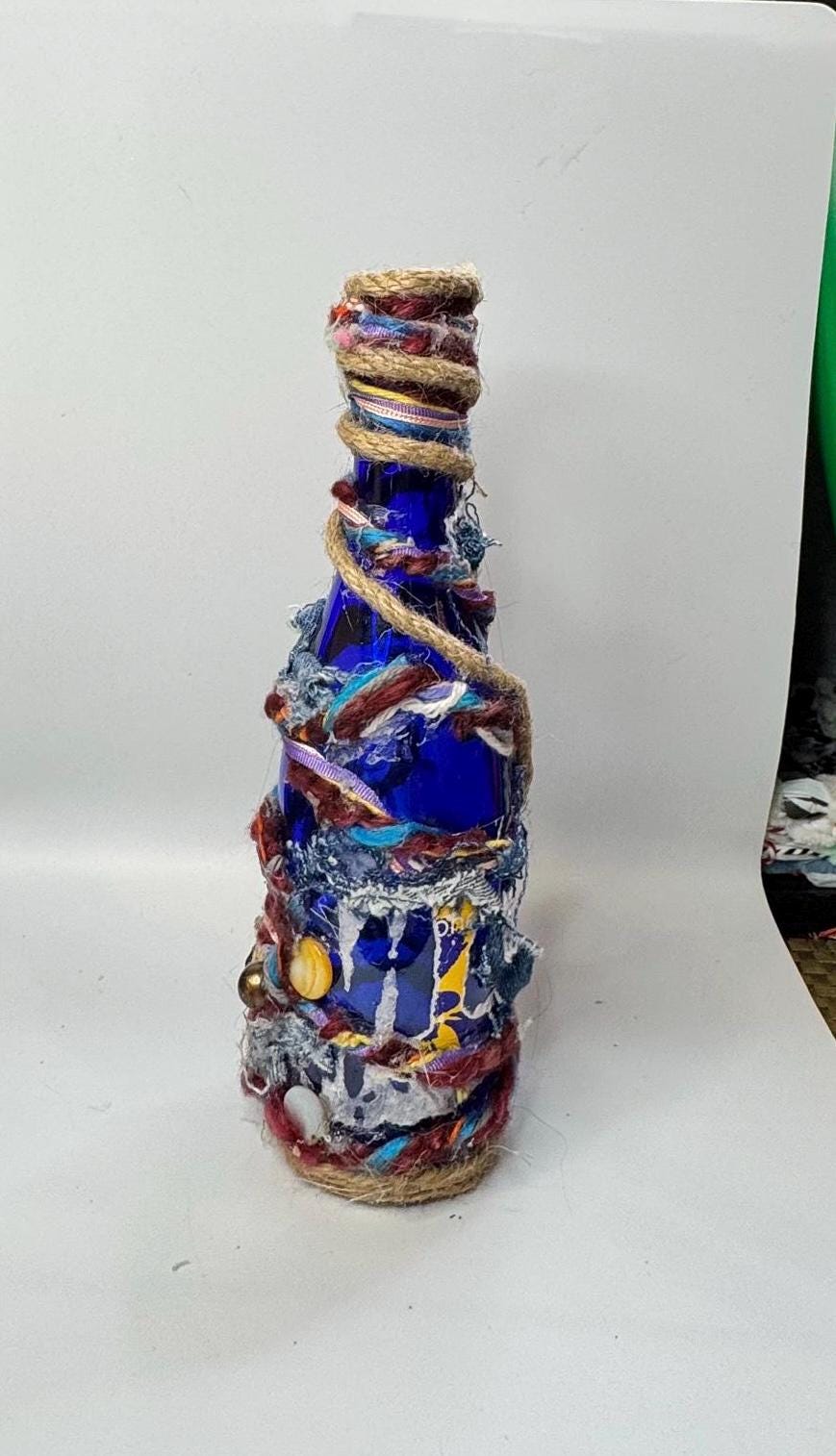 Upcycled Bottle Vase – Mixed Media Textile Assemblage Sculpture – Statement Home Decor