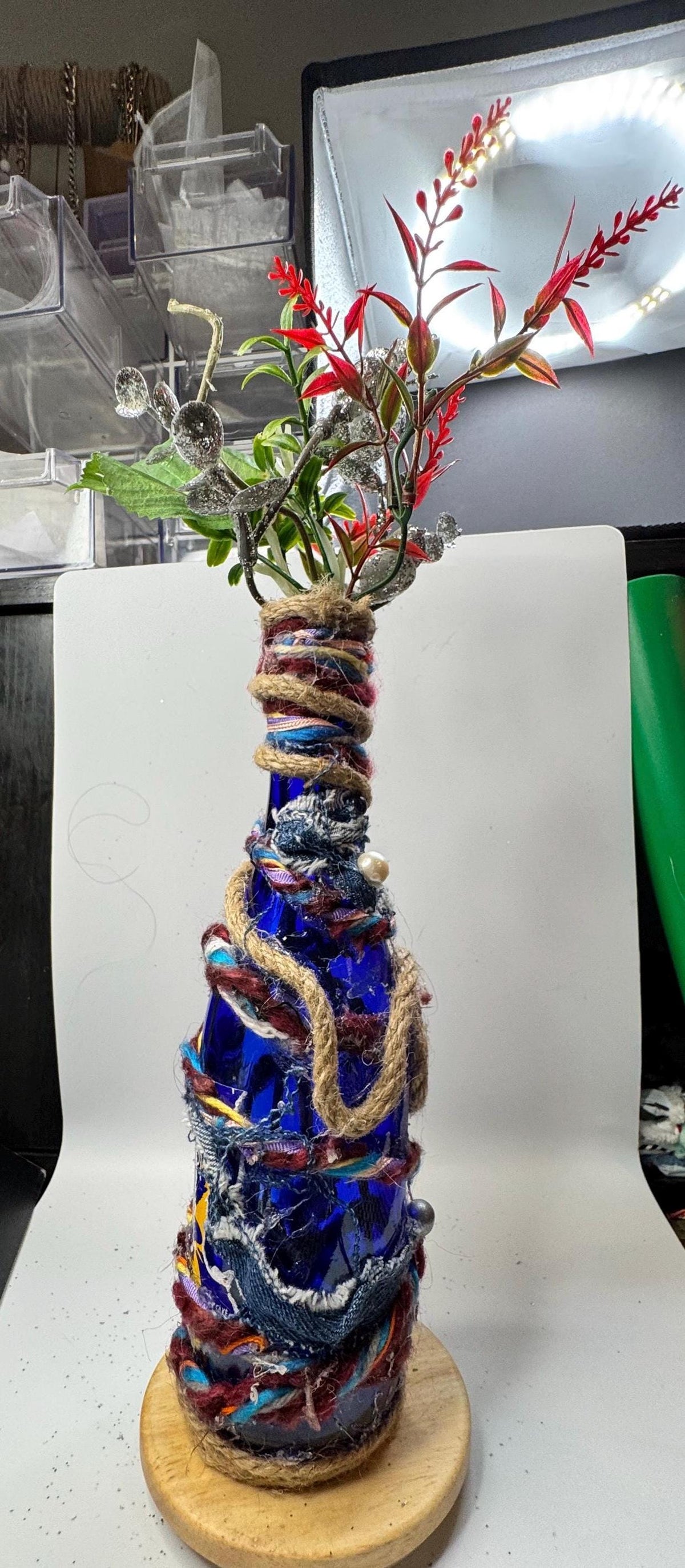 Upcycled Bottle Vase – Mixed Media Textile Assemblage Sculpture – Statement Home Decor