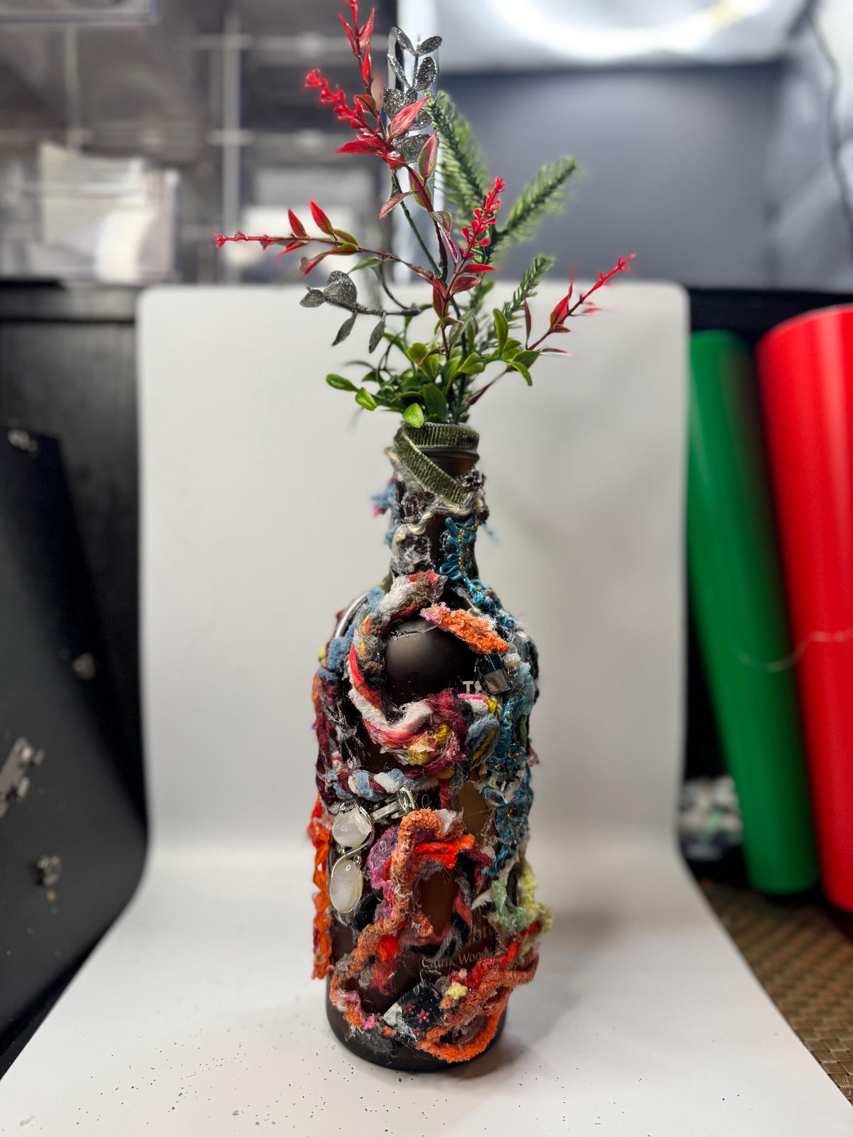 Upcycled Bottle Vase – Mixed Media Textile Assemblage Sculpture – Statement Home Decor