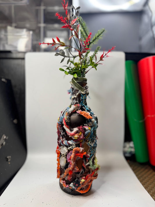 Upcycled Bottle Vase – Mixed Media Textile Assemblage Sculpture – Statement Home Decor