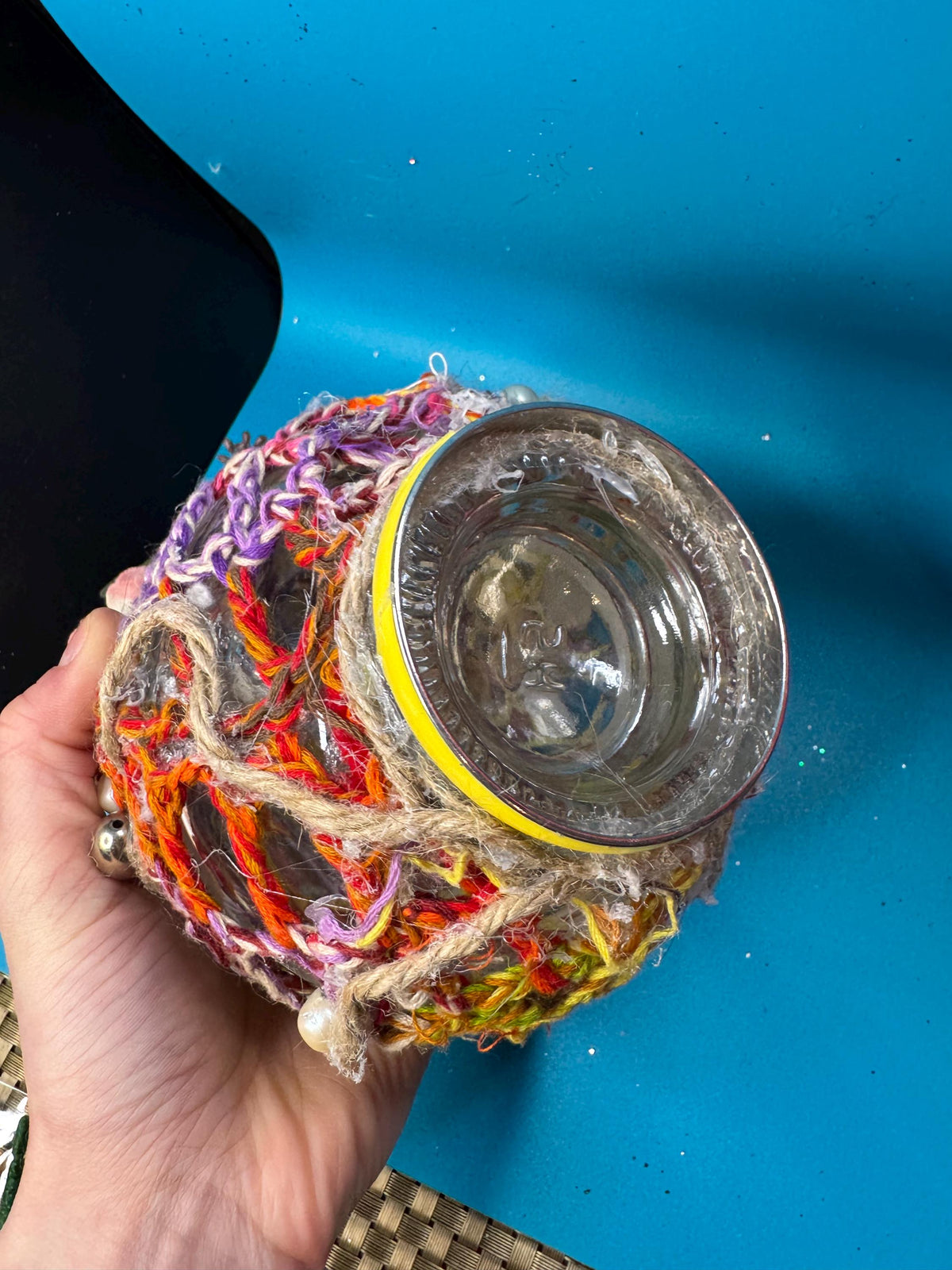 Upcycled Bottle Vase – Mixed Media Textile Assemblage Sculpture – Statement Home Decor